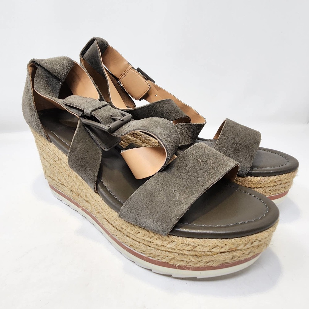Marc Fisher Zendra Gray Taupe Leather Wedge Platform Espadrille Sandal 9M Ankle